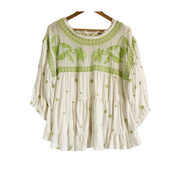 Free People Edie Top Womens White Green Linen Blend Beaded Embroidered M - Picture 2 of 12